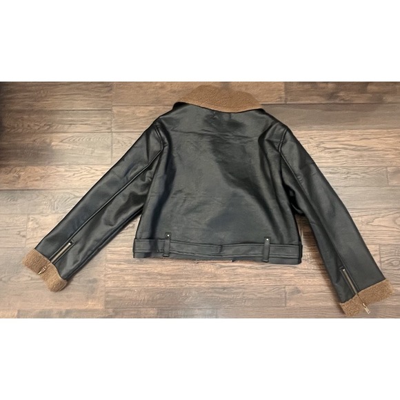 Princess Polly Size 4 Faux Leather Shearling Crop Jacket Black Edgy Moto Sherpa - Picture 5 of 13